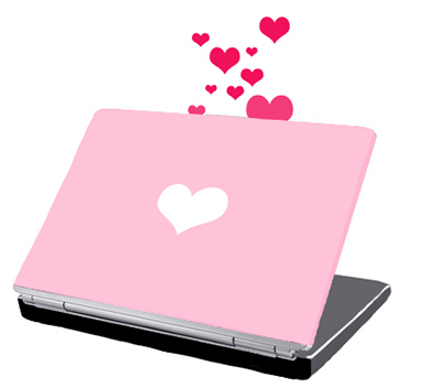 Laptop with hearts coming out of it.